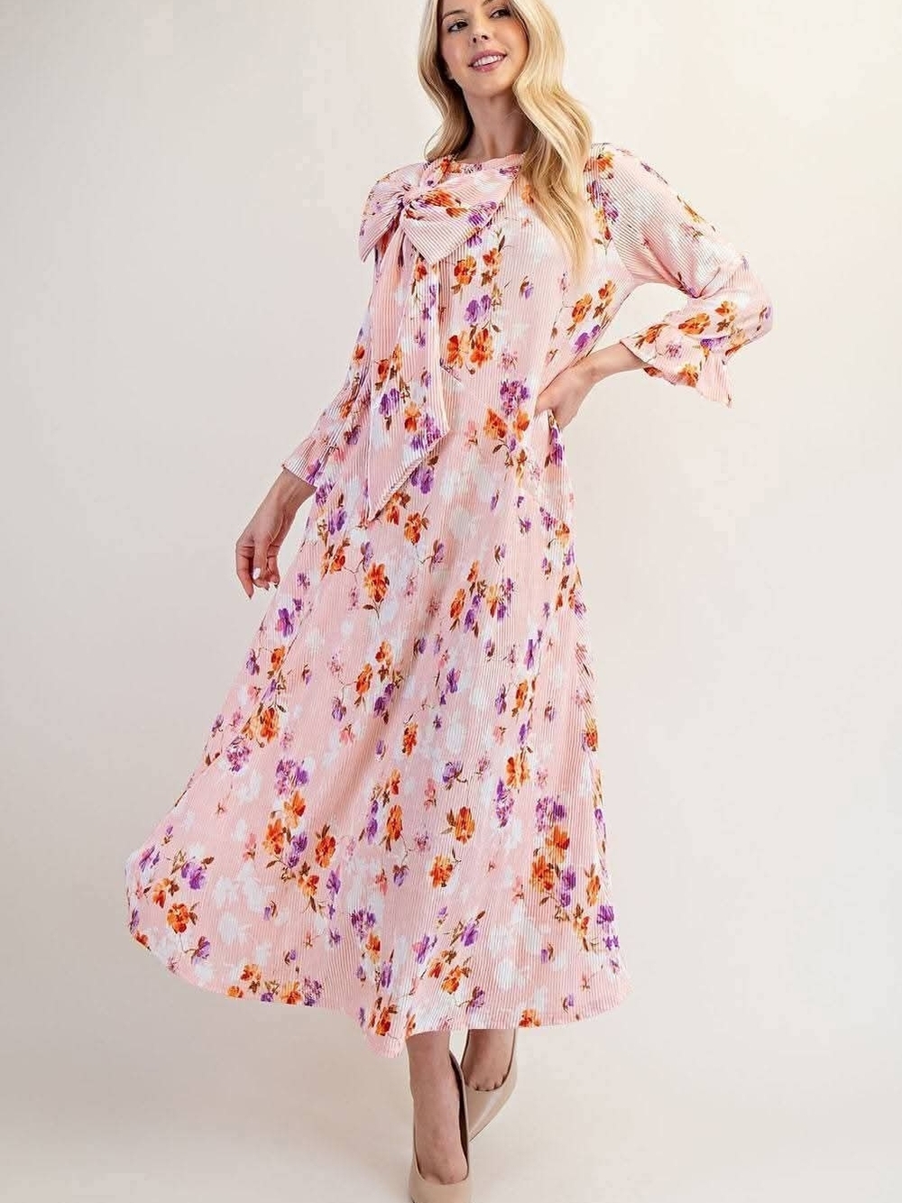Celeste Pink Floral Maxi Dress with Statement Bow